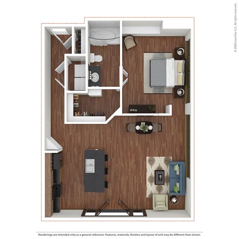 1x1 A3 a stylized floor plan with a bedroom and a living room